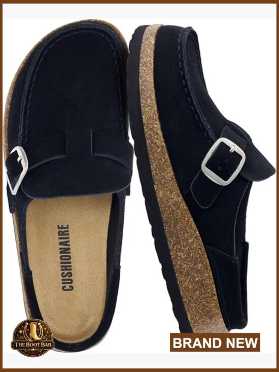 Shoes - Genuine Leather Suede Mule Clogs with Buckle Strap Cork Footbed Supportive